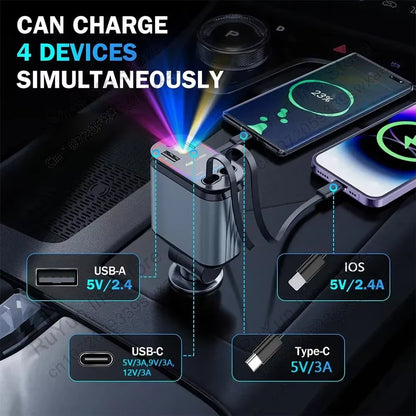 Ultimate 4-in-1 Retractable Car Charger - Fast Charging & Space-Saving Design!